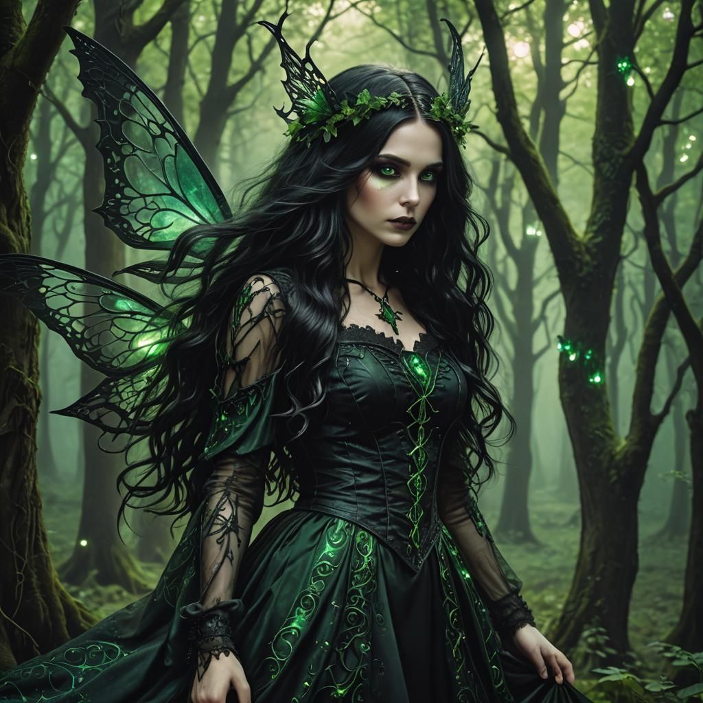 Gothic Green-Eyed Sorceress in Magic Forest