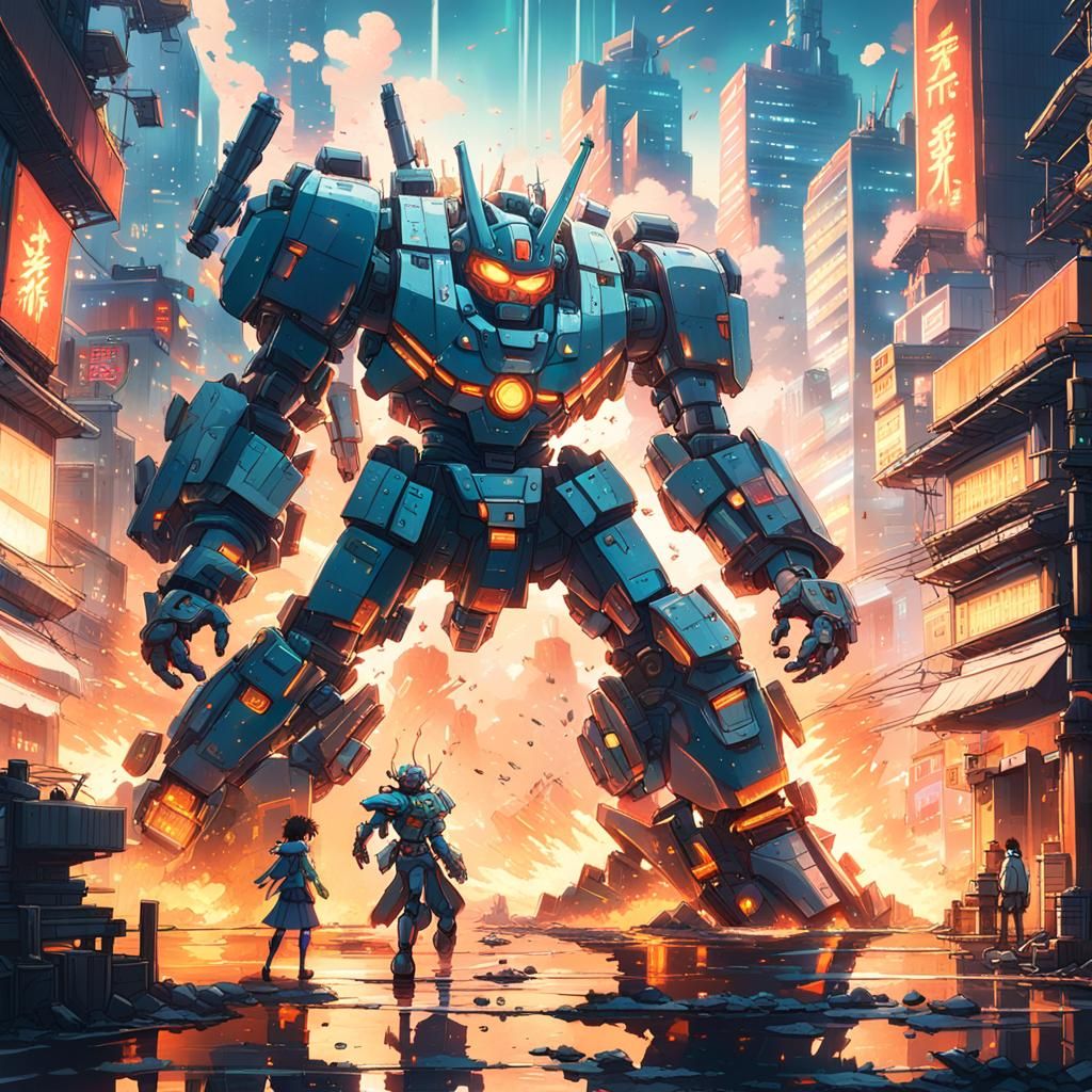 Epic Mecha Robot Battle in Anime Style