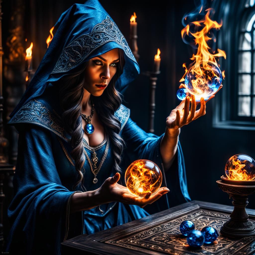 Blue Sorceress Conjuring Fire with Crystal Balls