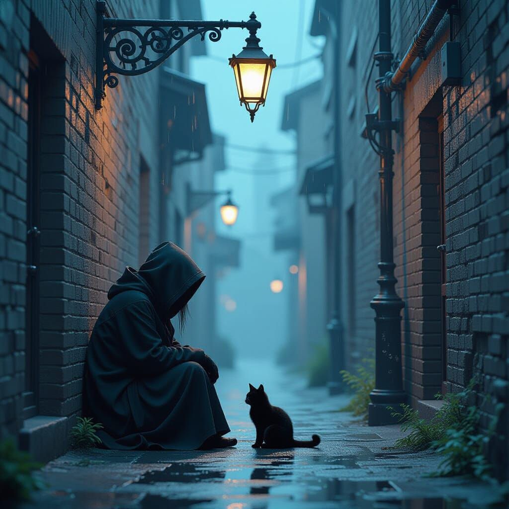 Solitary Figure with Cat in Desolate Alleyway