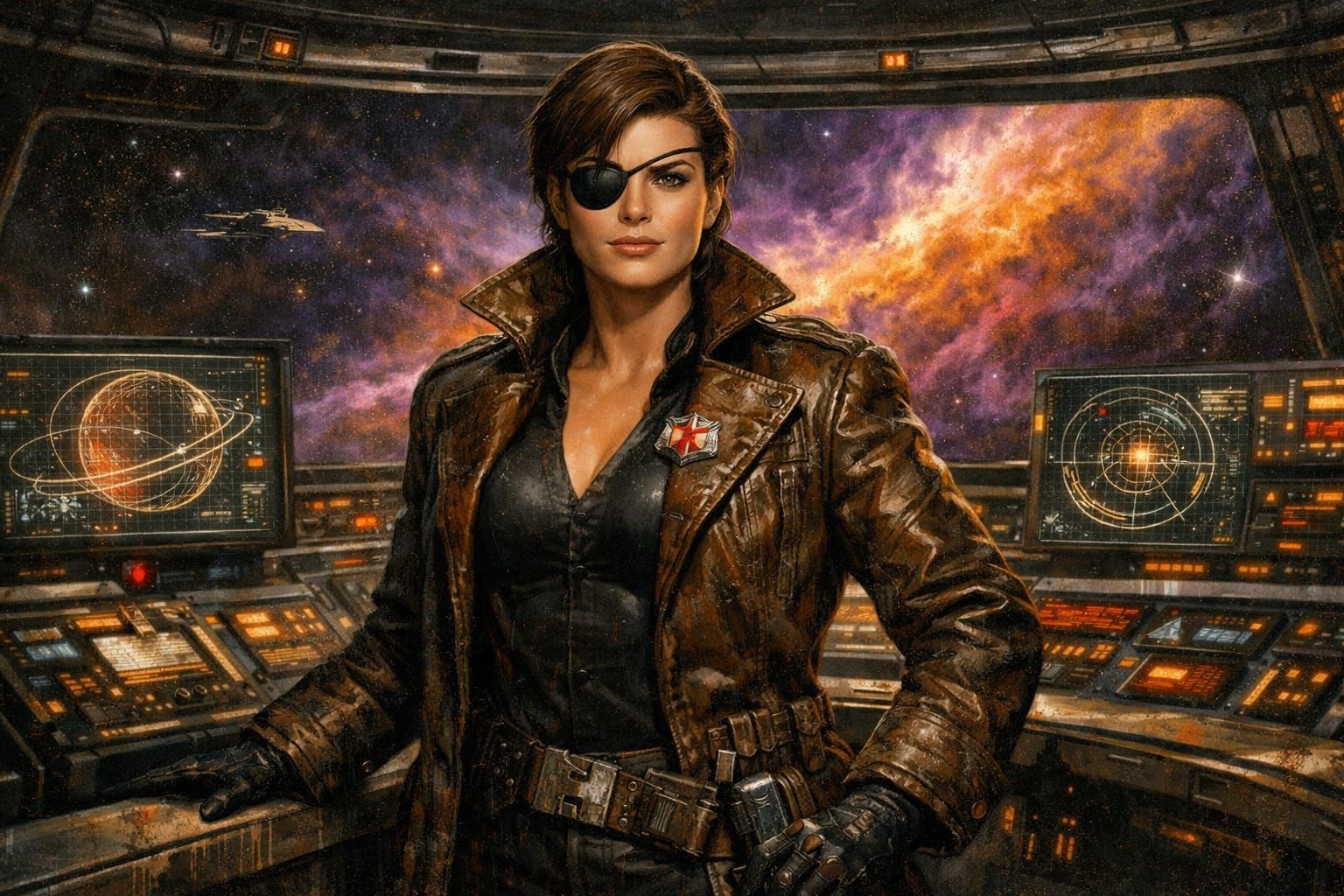 Female Space Captain on Retro Starship Bridge