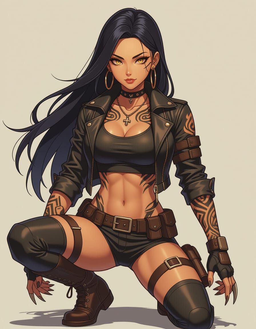 Anime-Style Woman with Tribal Tattoos in Leather Gear