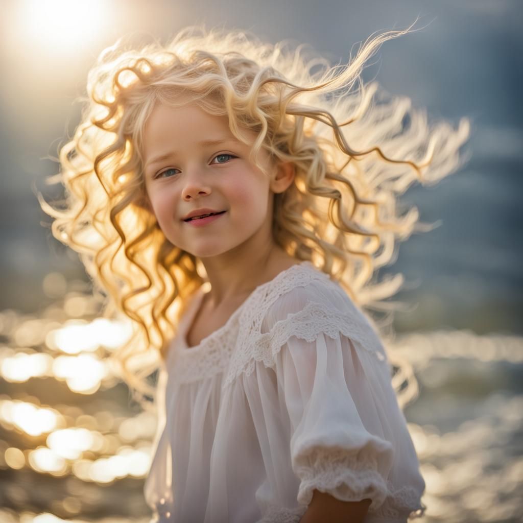 Child with Blonde Curls Plays in Sea