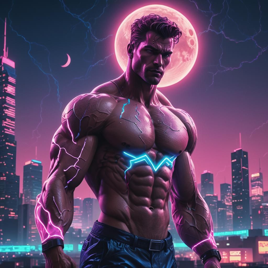 Muscular Man Holding Moon in Neon Synthwave Style