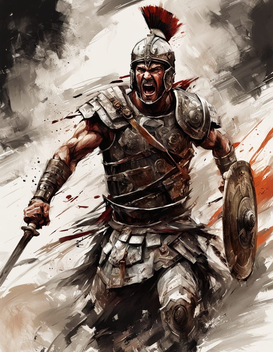 Ancient Roman Gladiator Charging into Battle in Hyperrealist...