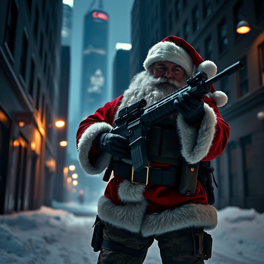 Tactical Santa Claus in a Dark Urban Landscape