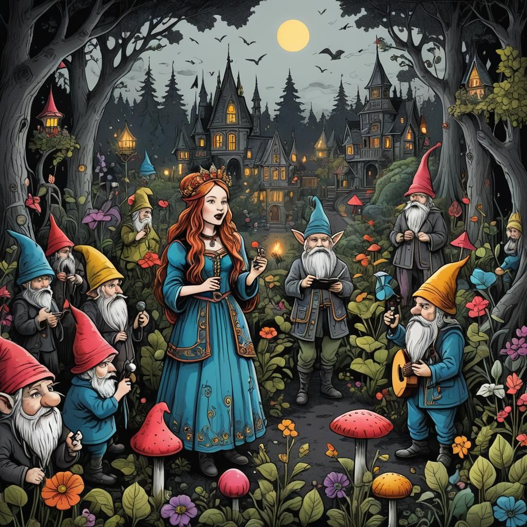 Swedish Princess in Karaoke Garden with Gnomes