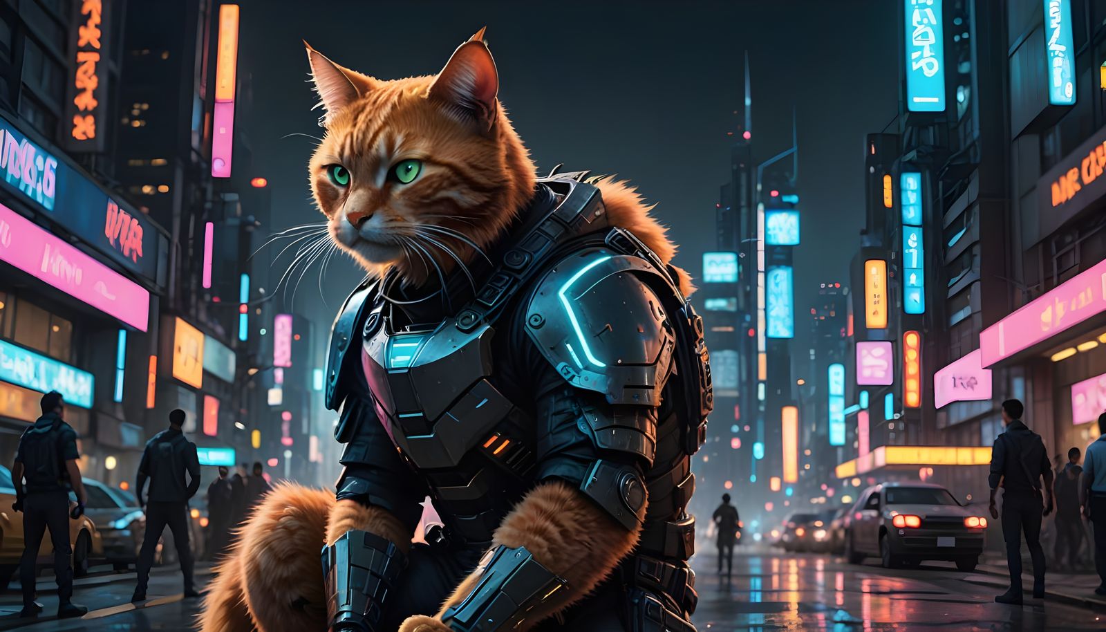 Cyberpunk Ginger Cat Wields Laser Sword in Neon City Streets