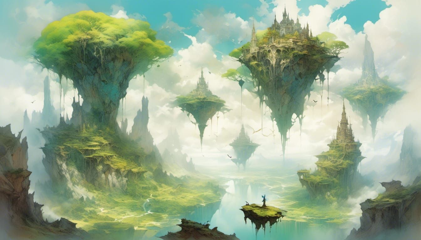 Floating Islands with Dragons in Impressionistic Oil Paintin...