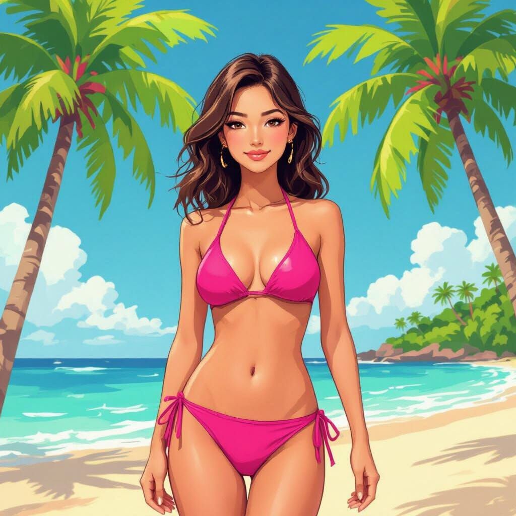 Woman in Pink Bikini on Sunny Beach, Pop Surrealism