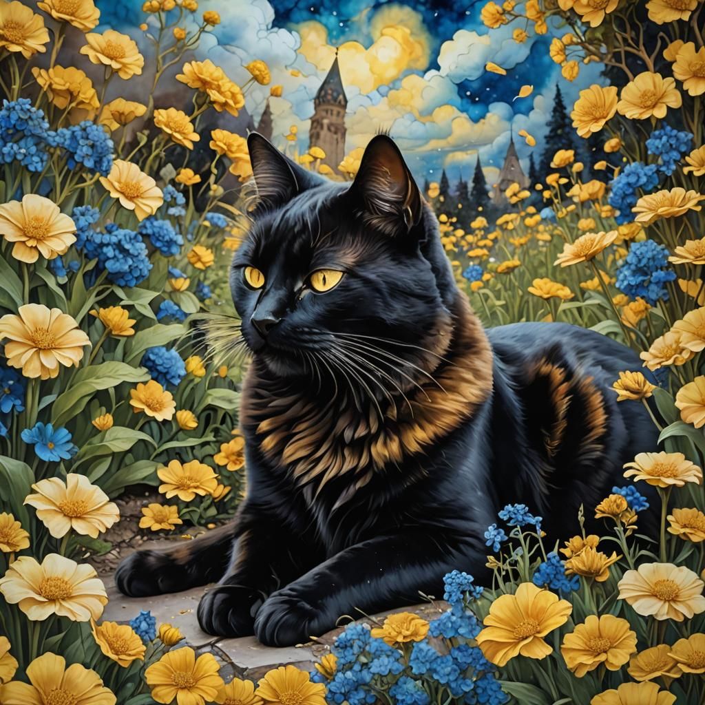 Black Cat Dreams in Surreal Golden Flower Garden