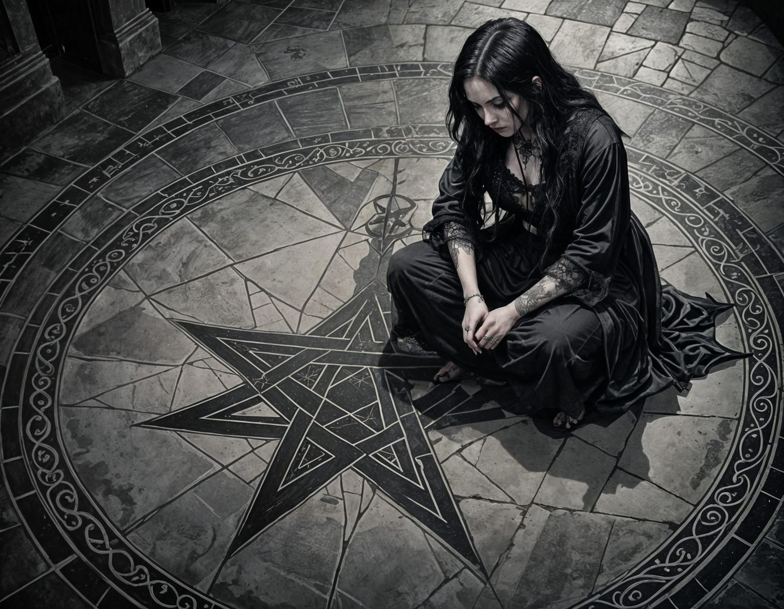 Goth Girl Kneeling Before Pentagram: Ink Drawing