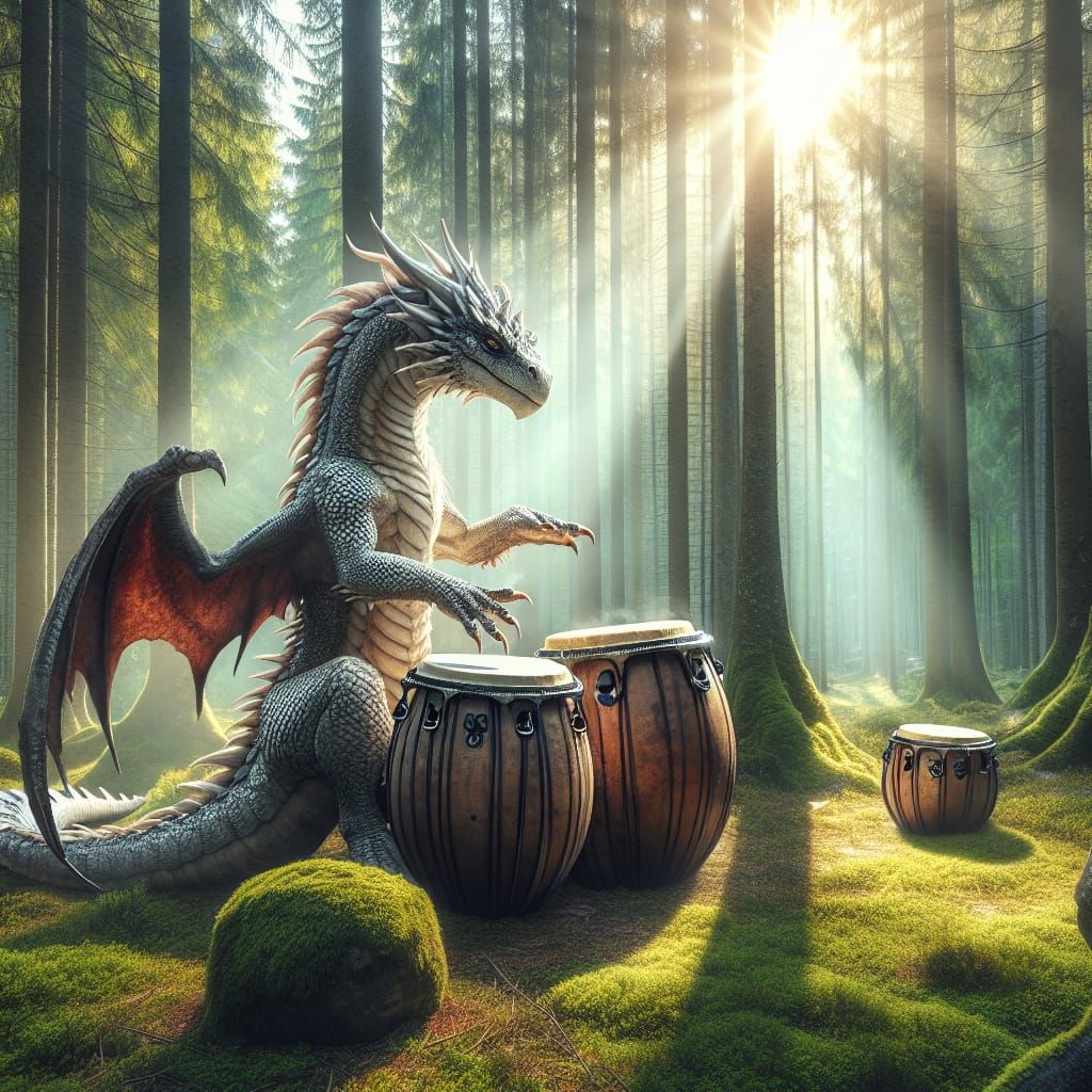 Majestic Dragon Plays Bongo Drums in Serene Forest Glade