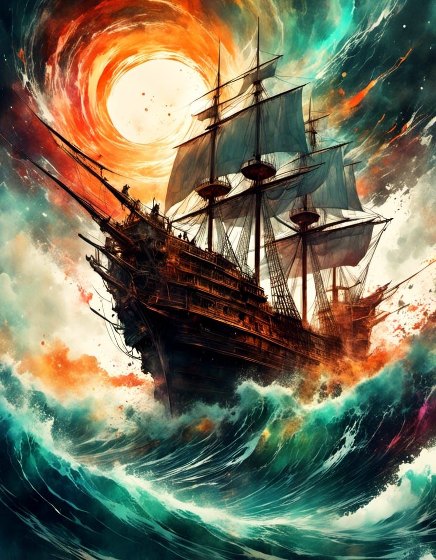Ocean Maelstrom Pirate Ship Watercolor Masterpiece