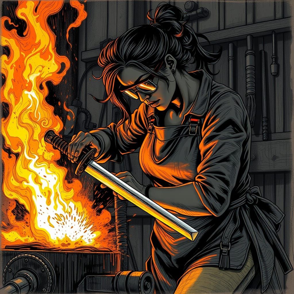 Black Female Bladesmith Forging Katana: Comic Book Art
