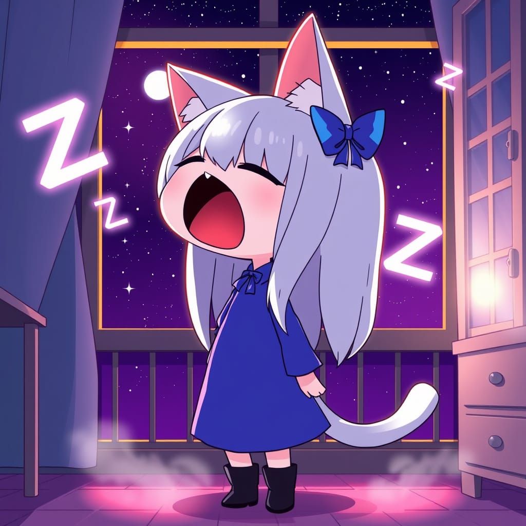 Dreamy Anime Catgirl Yawns in Synthwave Bedroom