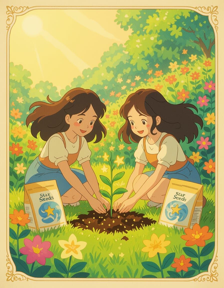 Whimsical Gardeners Planting Star Seeds in Ghibli Style