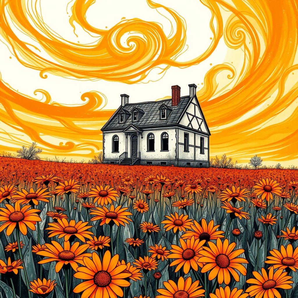 Orange Daisy Field with Abandoned House, Ink Drawing