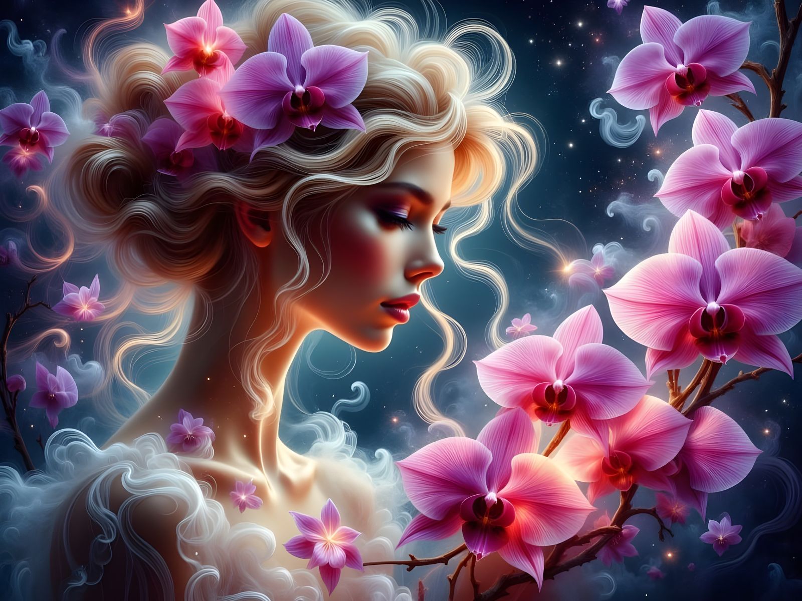 Celestial Seamstress Weaving Orchid Gowns: Art Nouveau