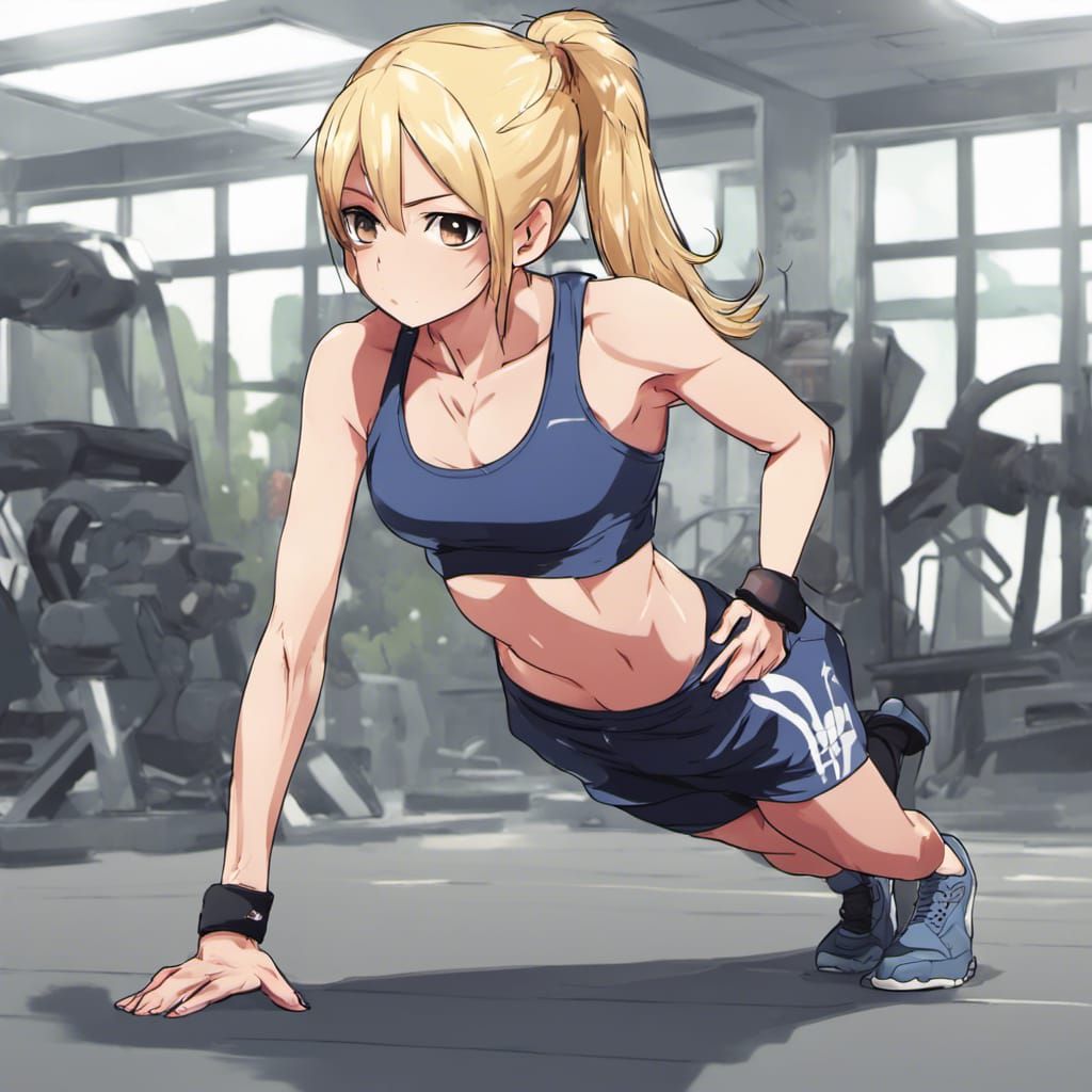 Anime Style Blonde Woman Doing Pushups