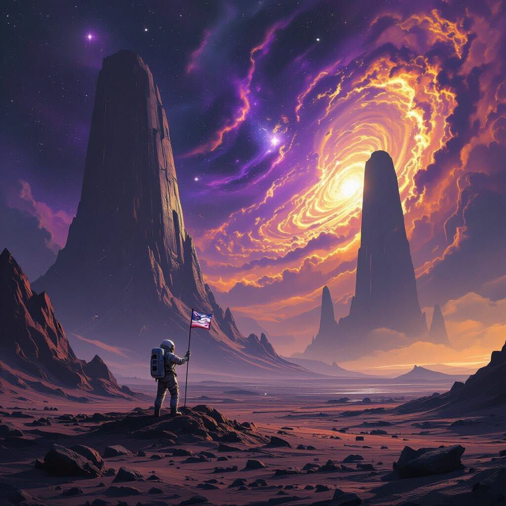Astronaut Plants Flag on Alien Planet Under Nebula