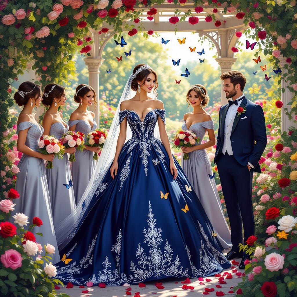 Woman in Blue Wedding Dress in Rose Garden with Butterflies