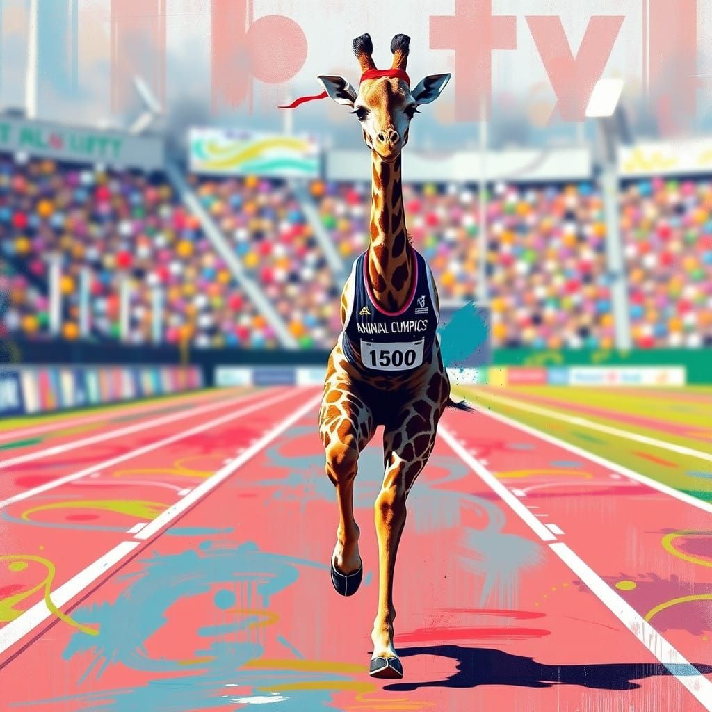 Giraffe Athlete Ready for Animal Olympics 100 Meter Dash