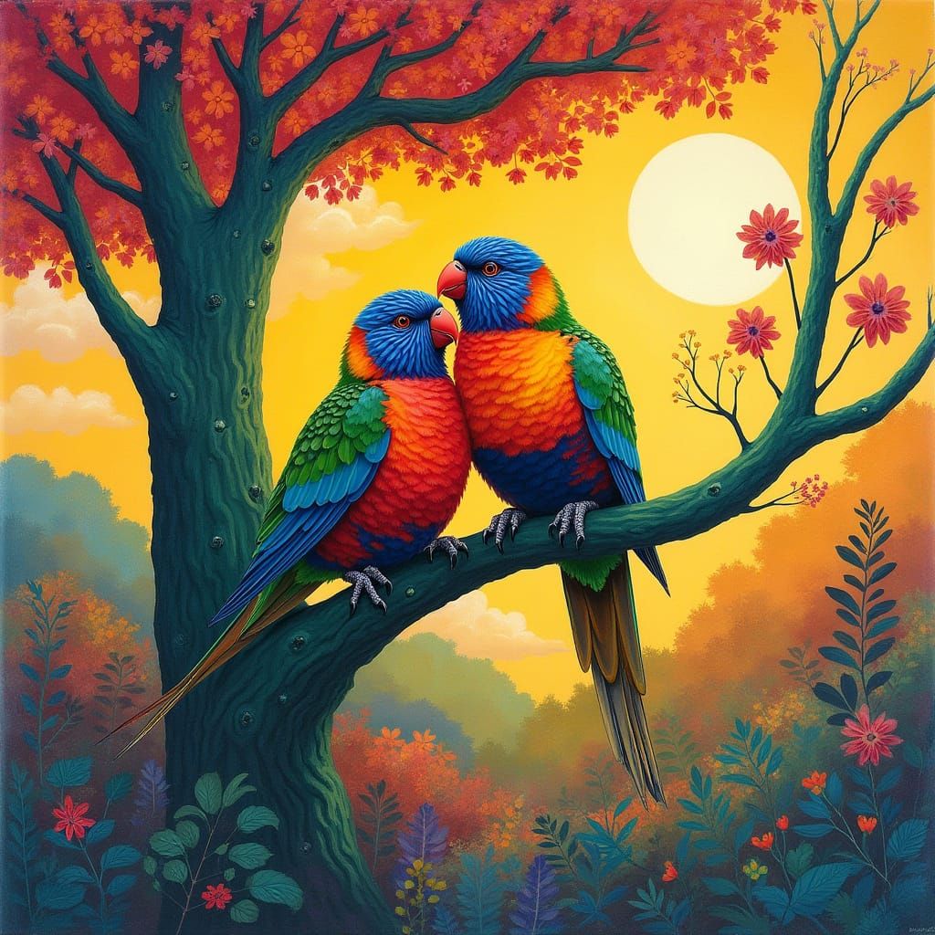 Colorful Picocks Embracing in a Vibrant Tree