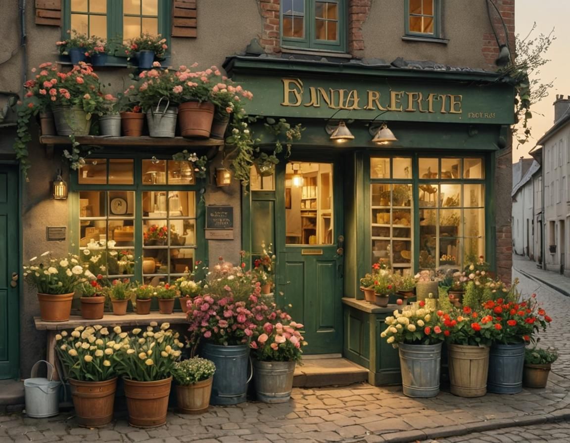 Old-World Flower Shop Entrance in Warm Evening Light