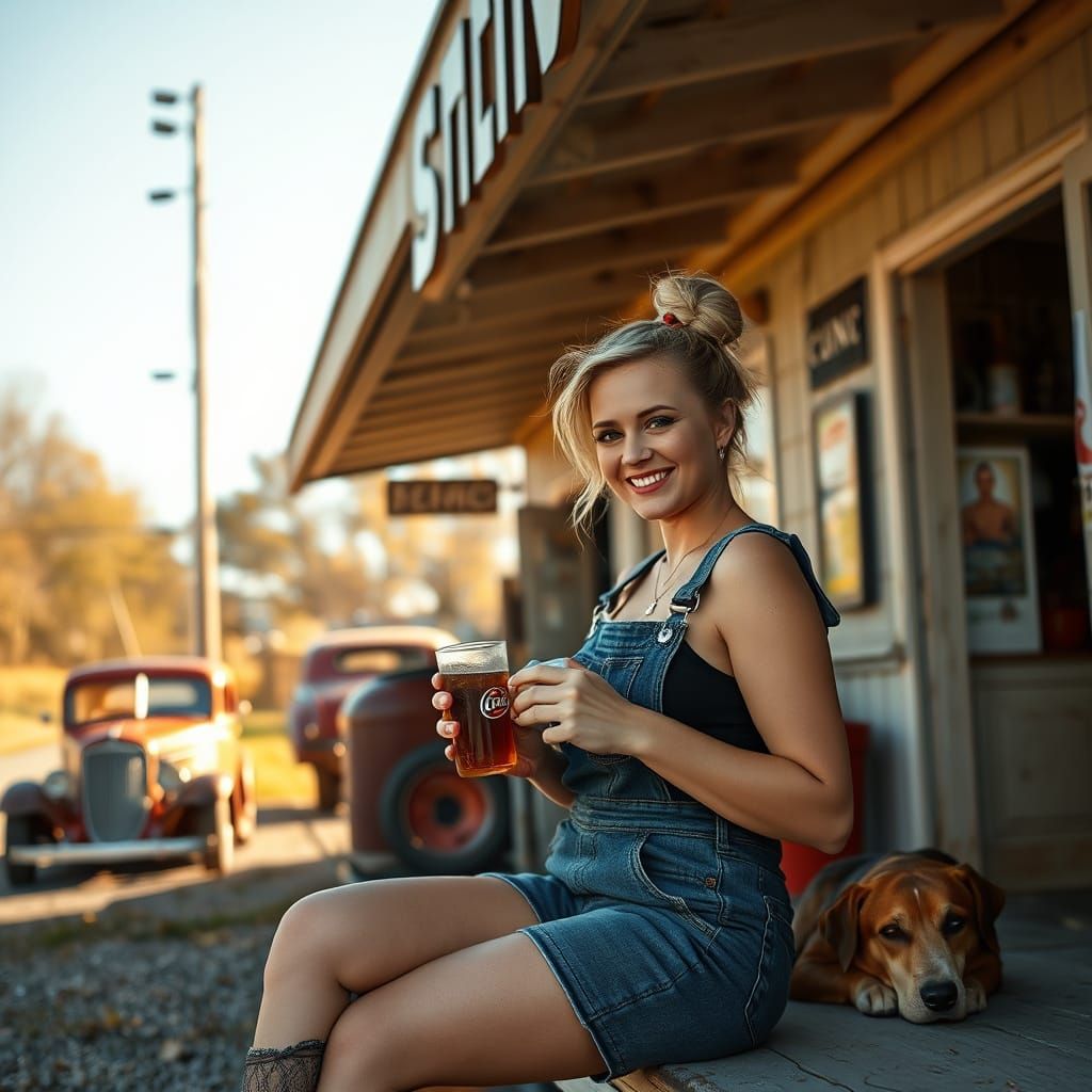 Vintage European Woman Greets at Old Country Service Station