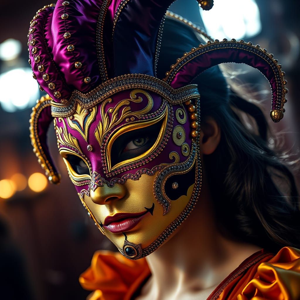 Woman in Ornate Venetian Jester Mask, Hyperrealistic HDR