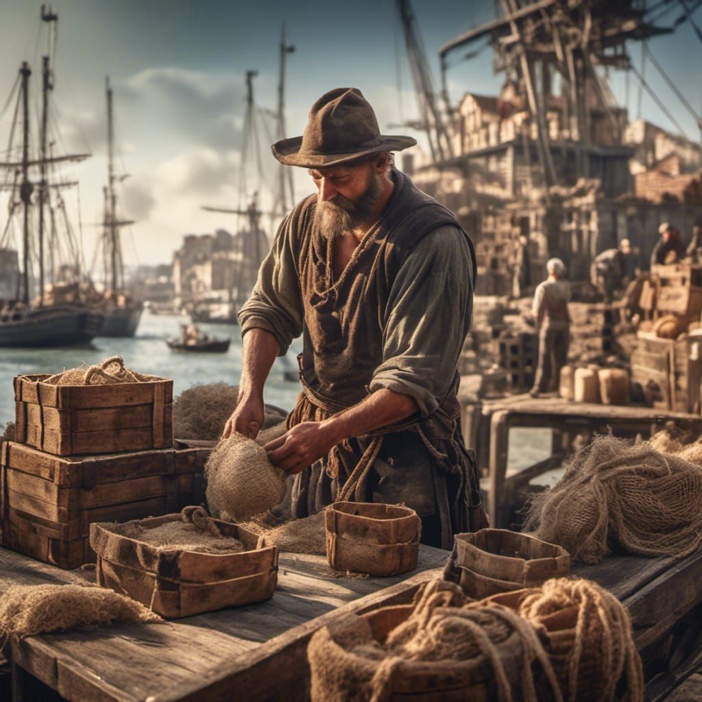 Docker at Work in Medieval Port: Hyperrealistic Photo