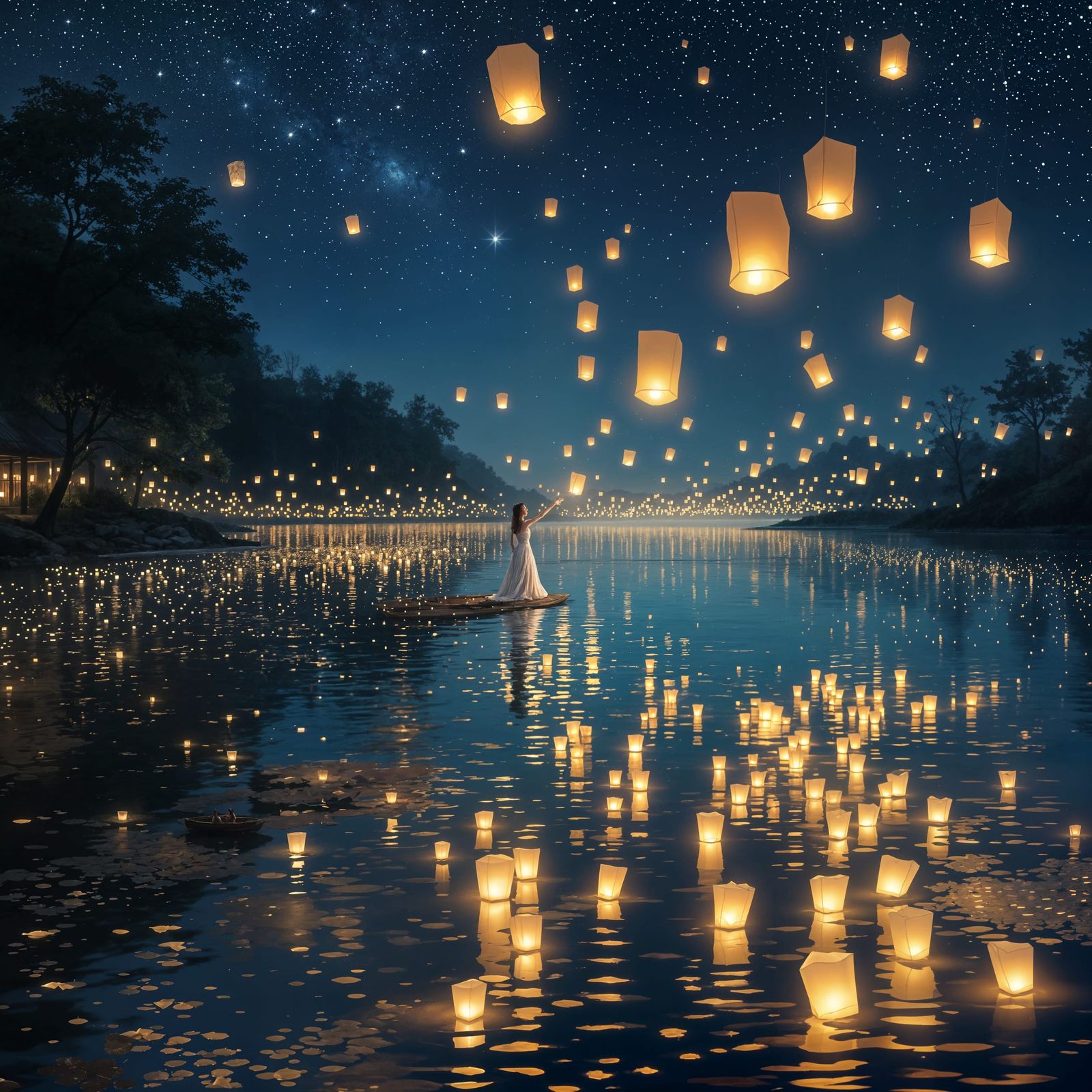 Ethereal River of Lanterns Under Starry Sky