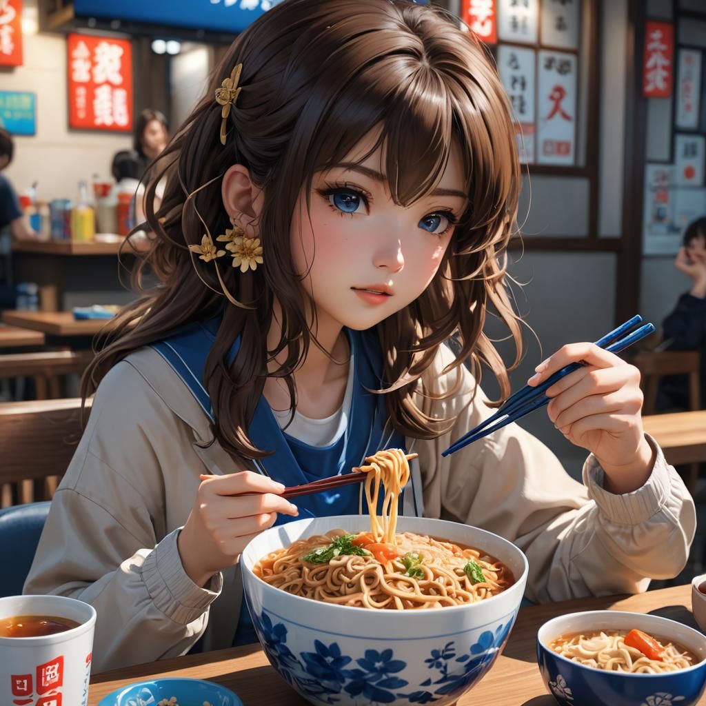 Girl Eating Noodles: Detailed 3D Anime Art