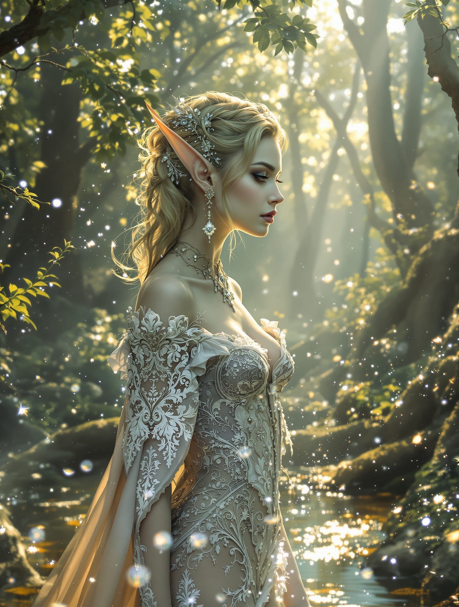 Elegant Elf in Baroque Attire in Sun-Dappled Forest Clearing