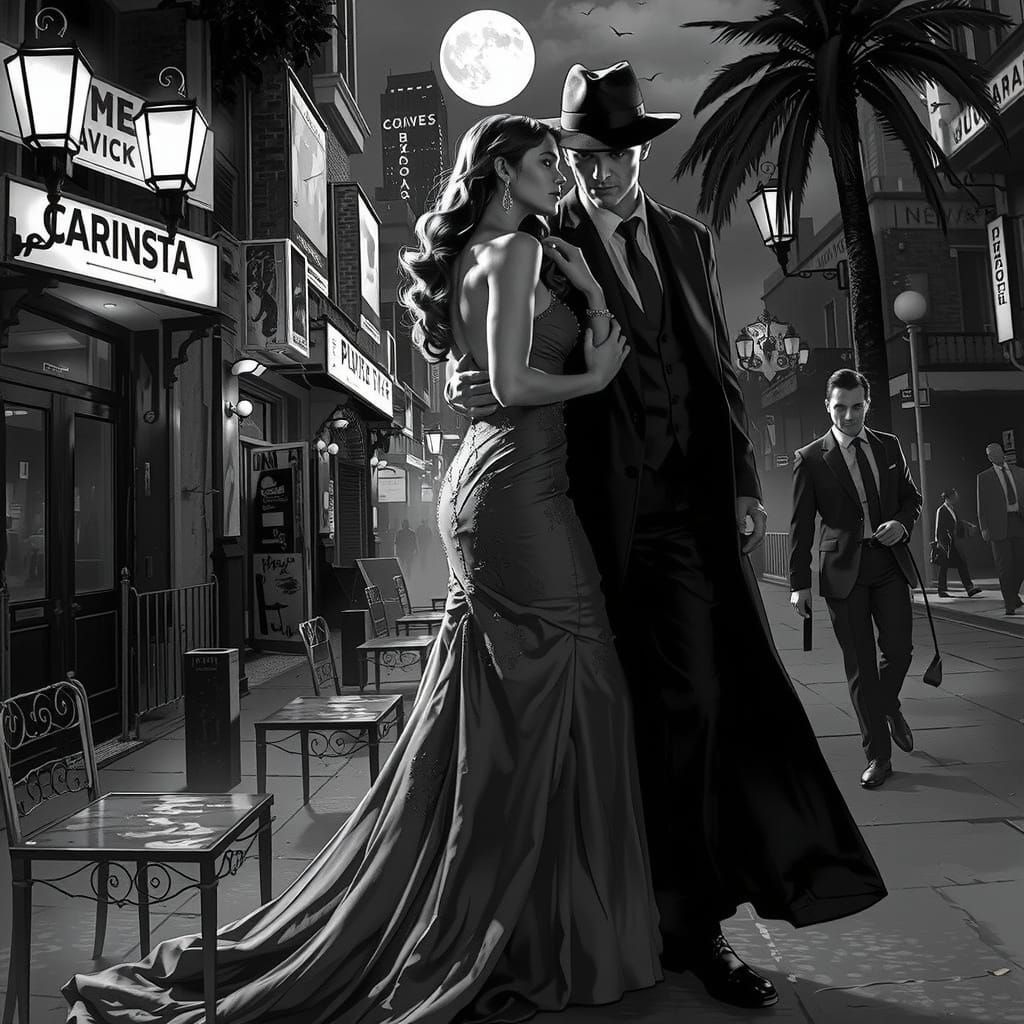 Film Noir Cityscape with Femme Fatale and Detective