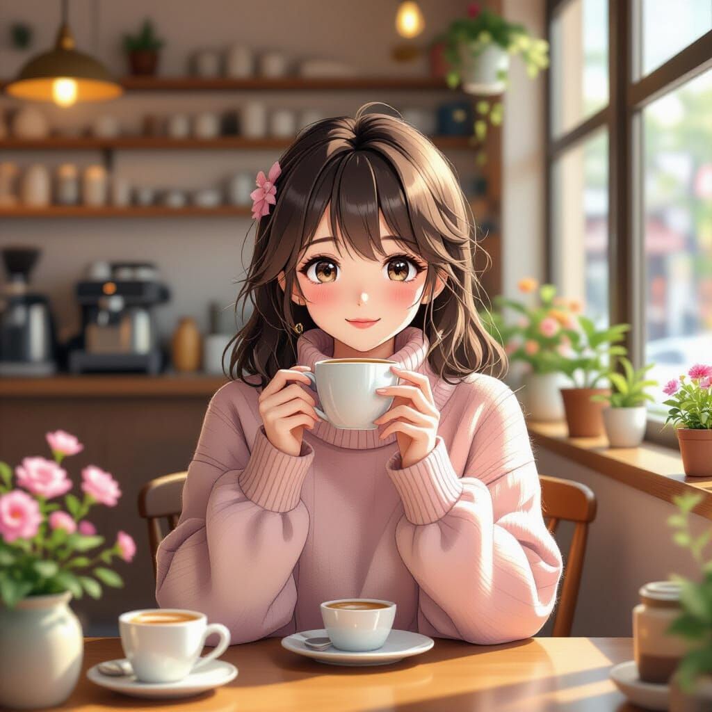 Anime Girl Sipping Coffee in Cozy Cafe, 3D Render