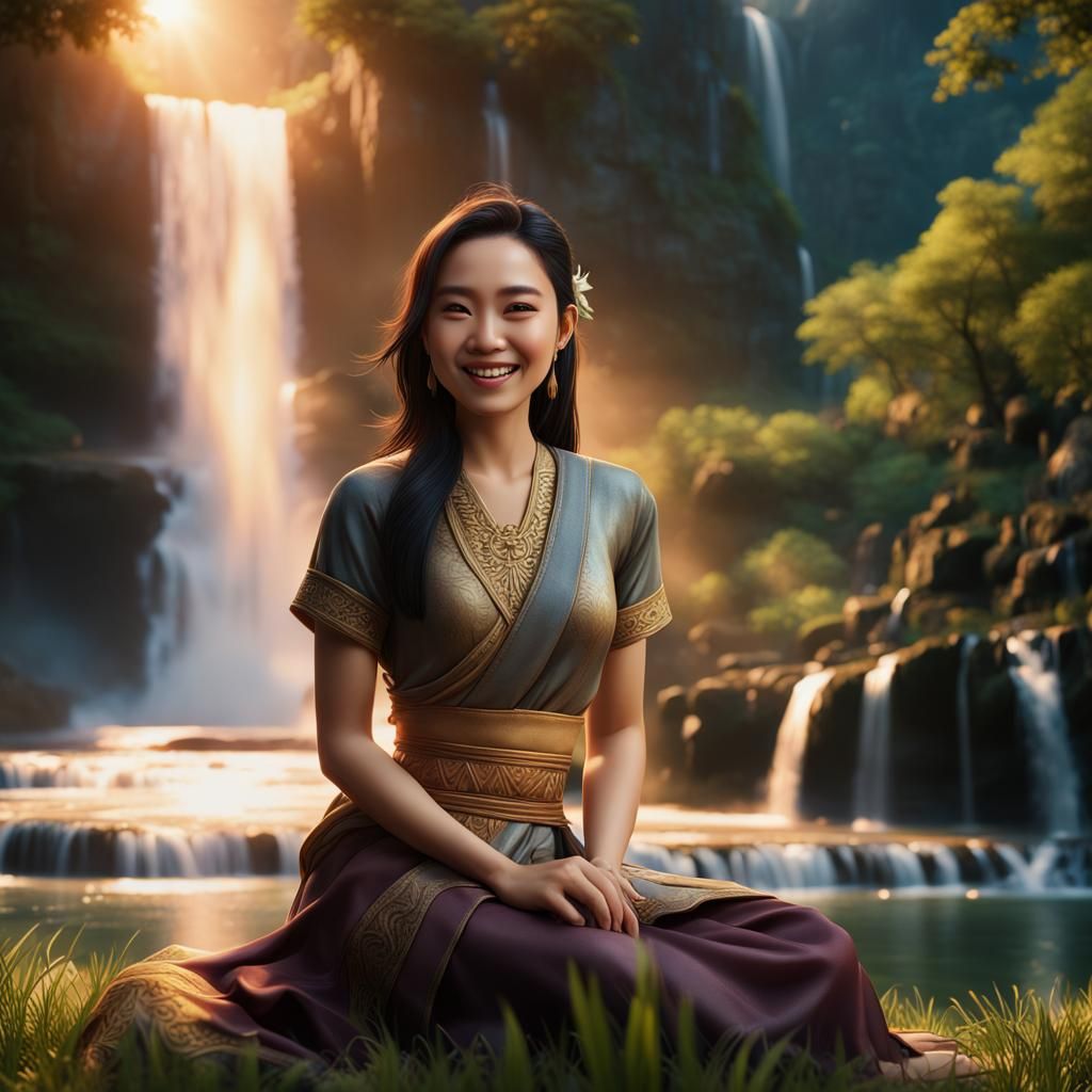 Thai Woman at Waterfall: Fantasy Concept Art