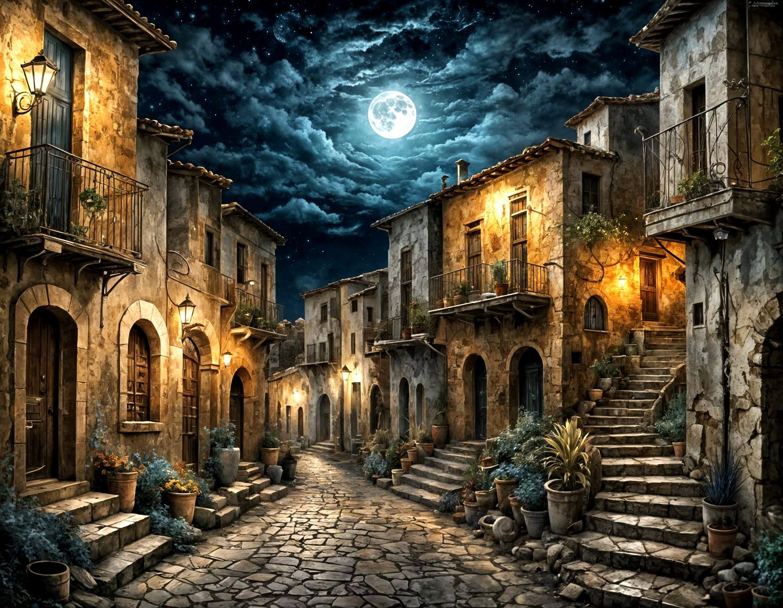 Mediterranean Town: Acrylic Painting with Starry Sky