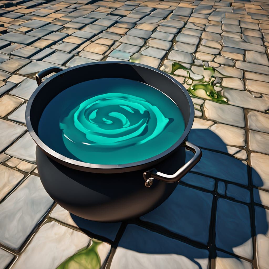 Cauldron filled with a boiling teal liquid 92