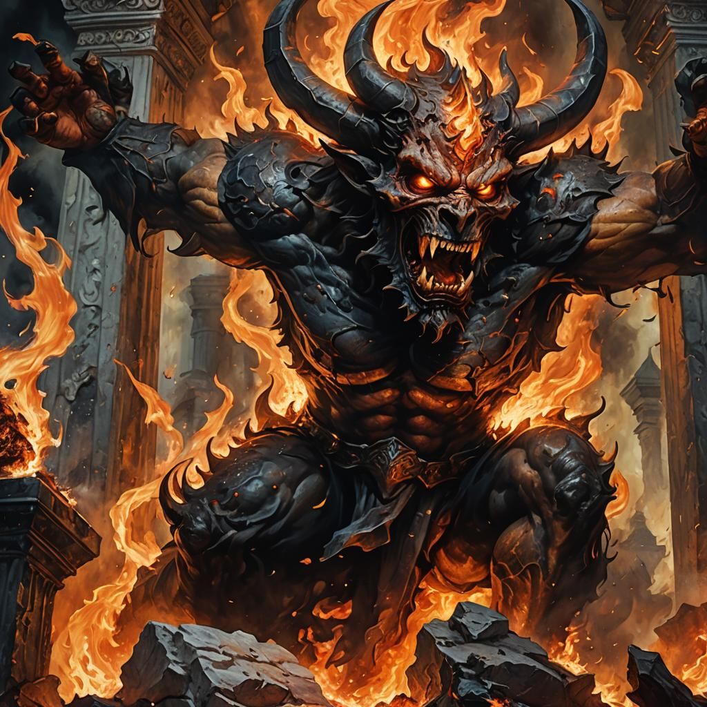 Demon Burns Heaven: Dark Fantasy Oil Painting