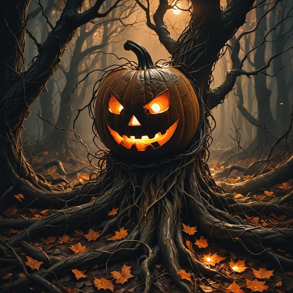 Eerie Jack-o-Lantern in Mystical Forest: Dark Fantasy Art