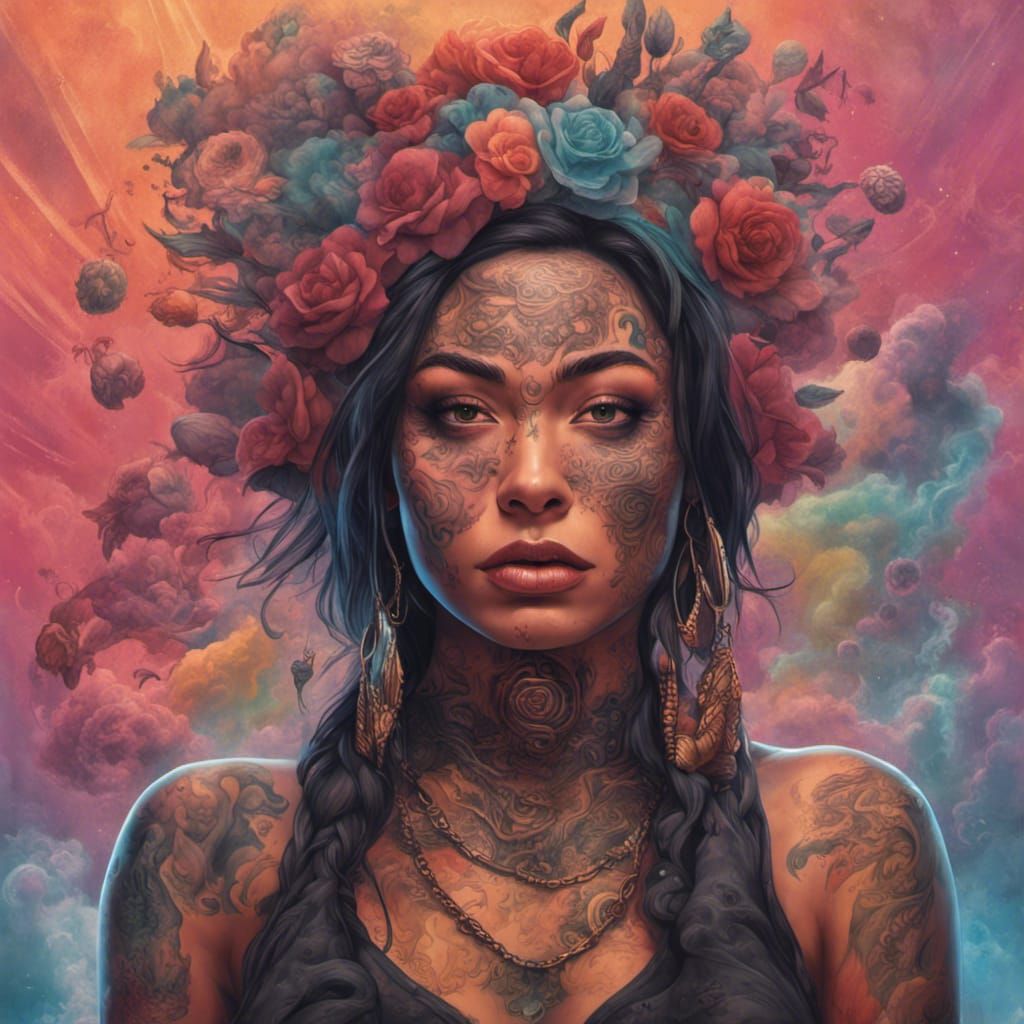 Tattooed Chola in Cosmic Psychedelic Fog