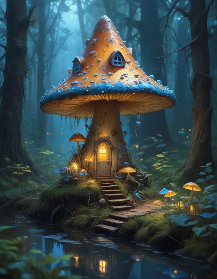 Ethereal Mushroom Abode in Bioluminescent Forest