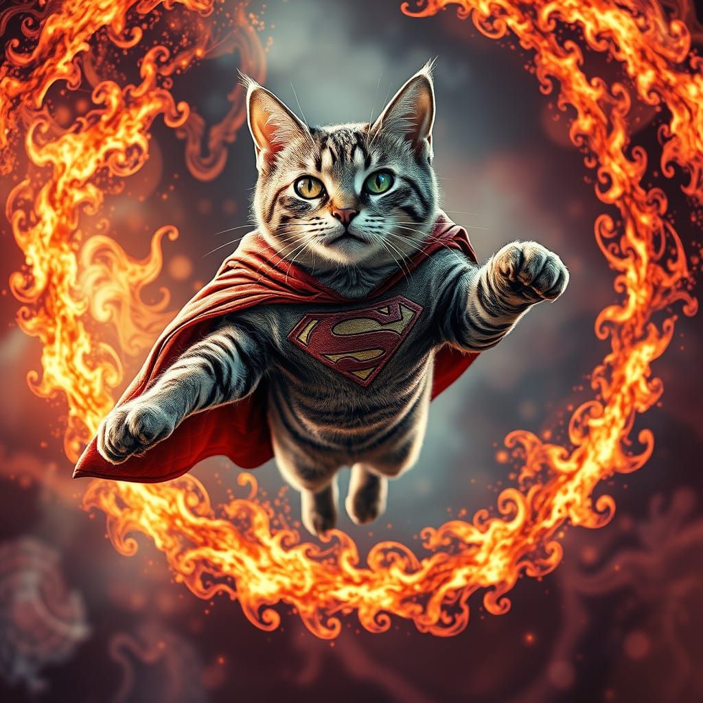 Majestic Cat in Superman Cape Soars Through Fire Ring in Vib...