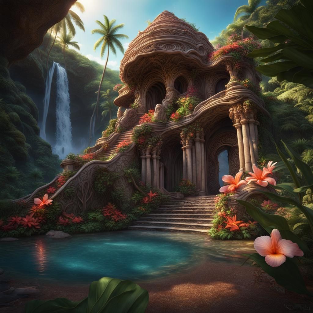Mystical Hawaiian Beach Architecture with Waterfalls