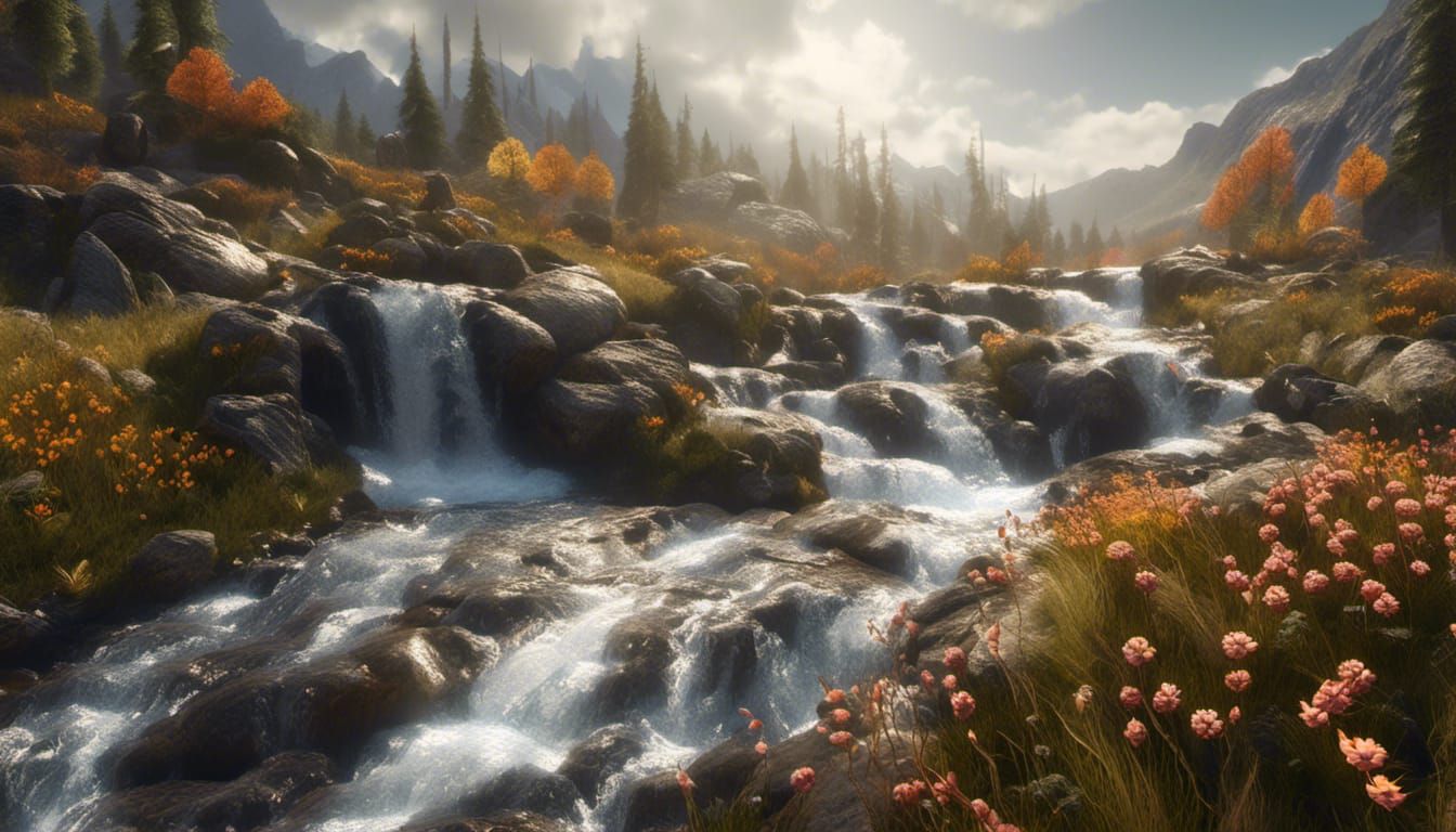 Pugs on Trail with Flowers and Waterfall