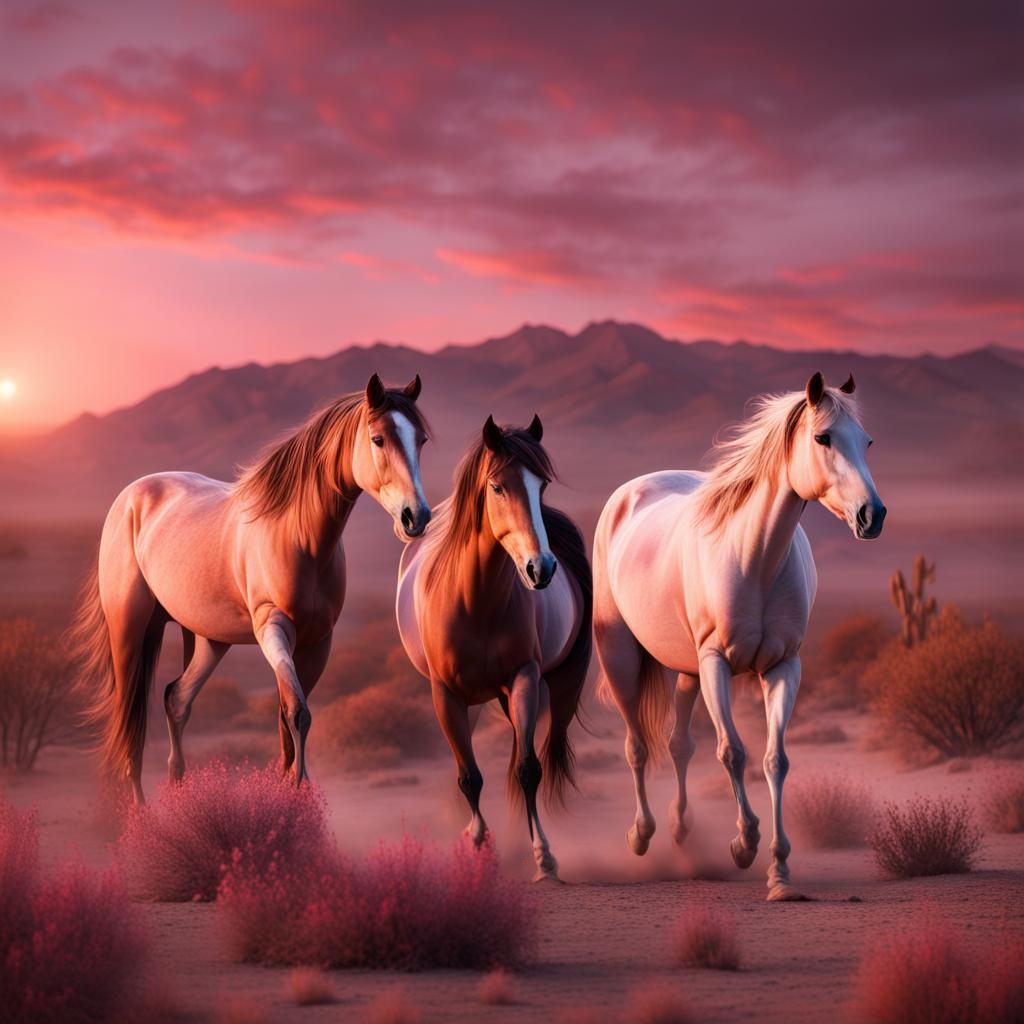 Wild Mustangs at Mojave Desert Sunset