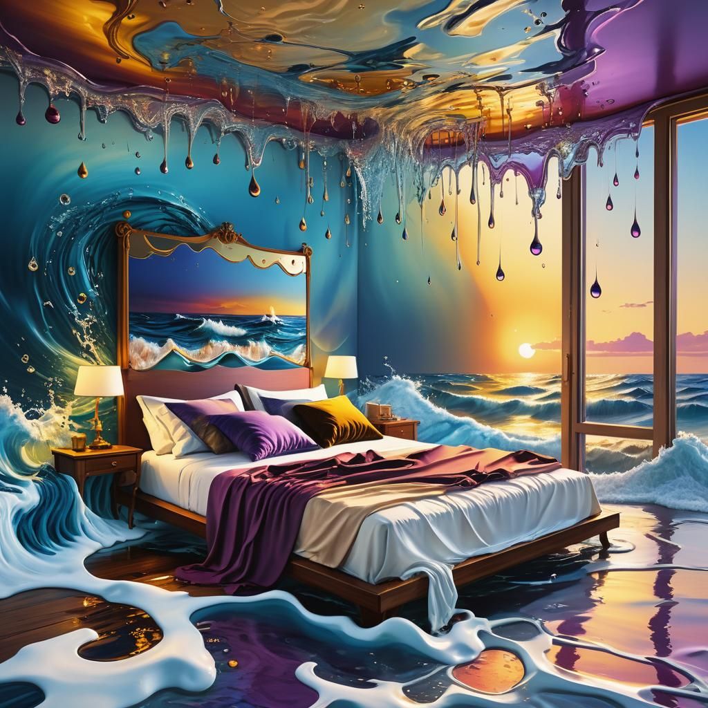 Bedroom Melts into Ocean: Surreal Digital Art