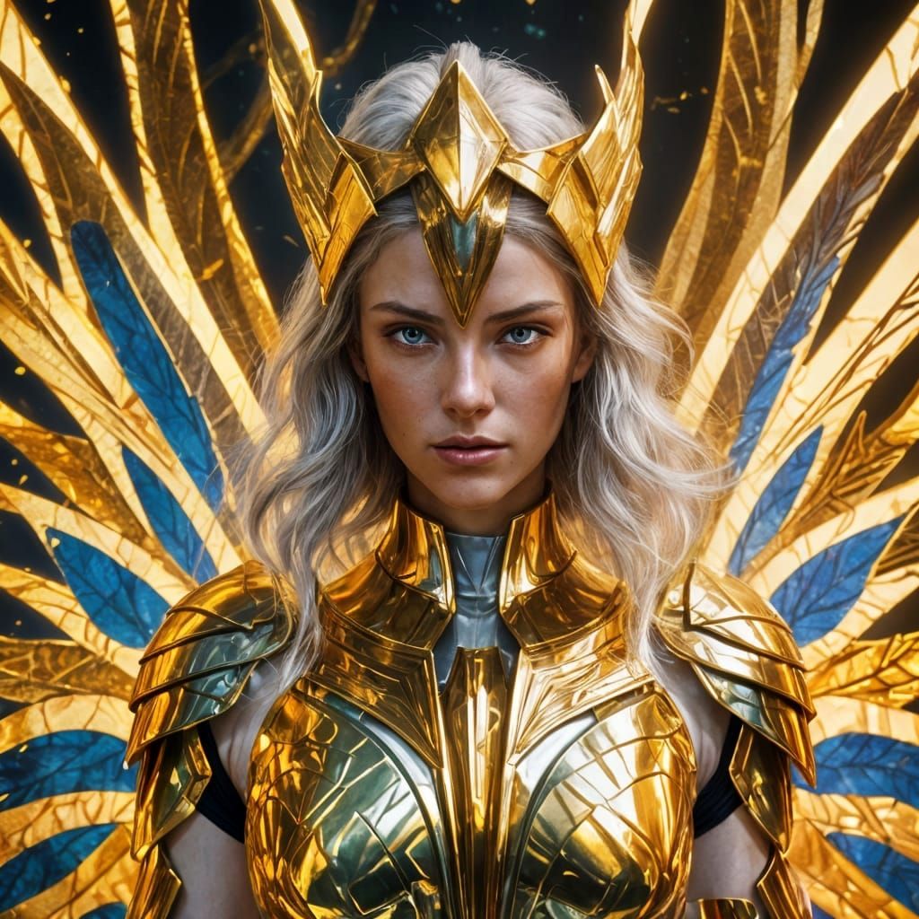 Golden Archangel Michael with Angels Wings and Flaming Sword